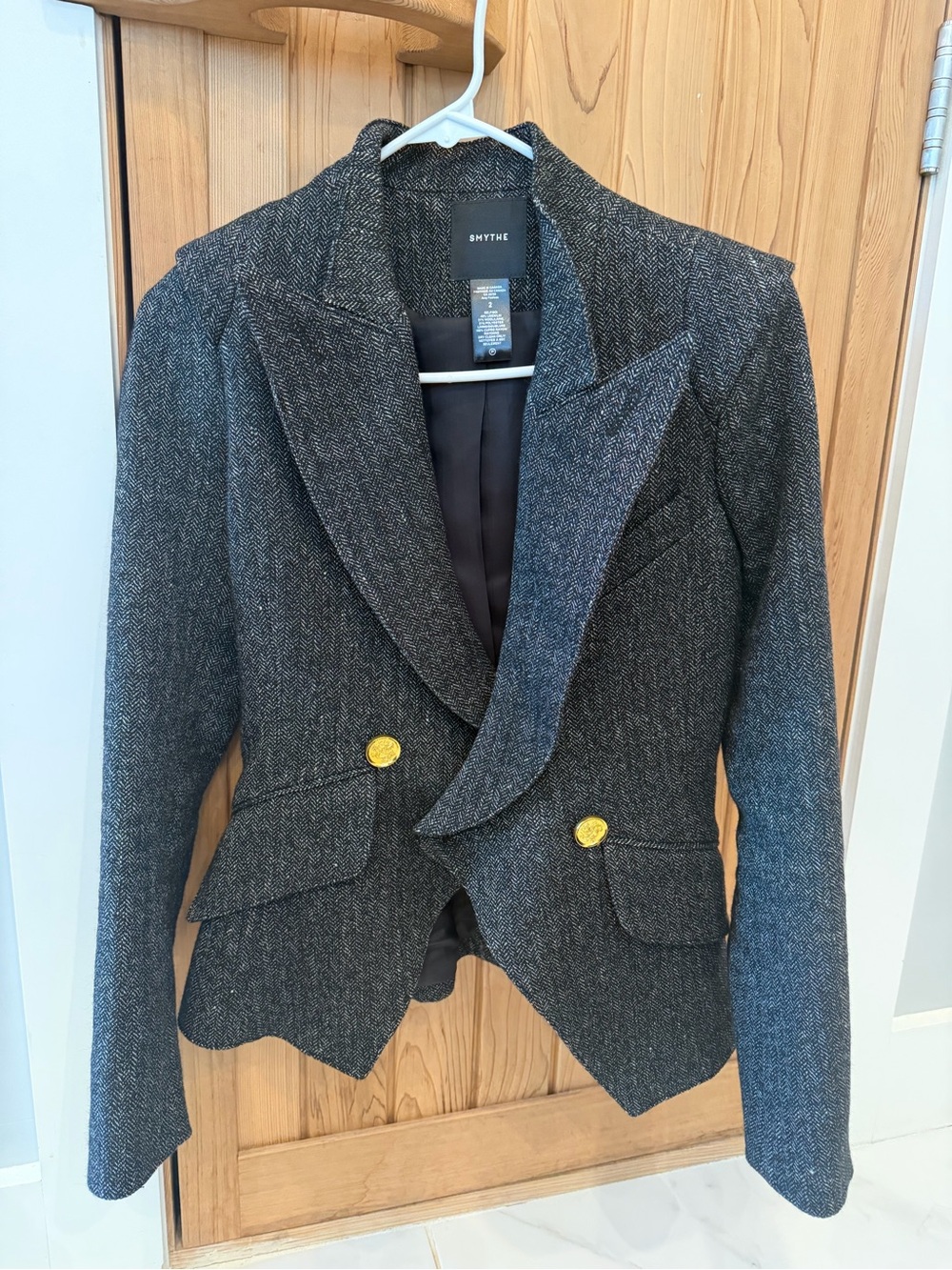 Smythe Charcoal Herringbone Blazer with Gold Buttons